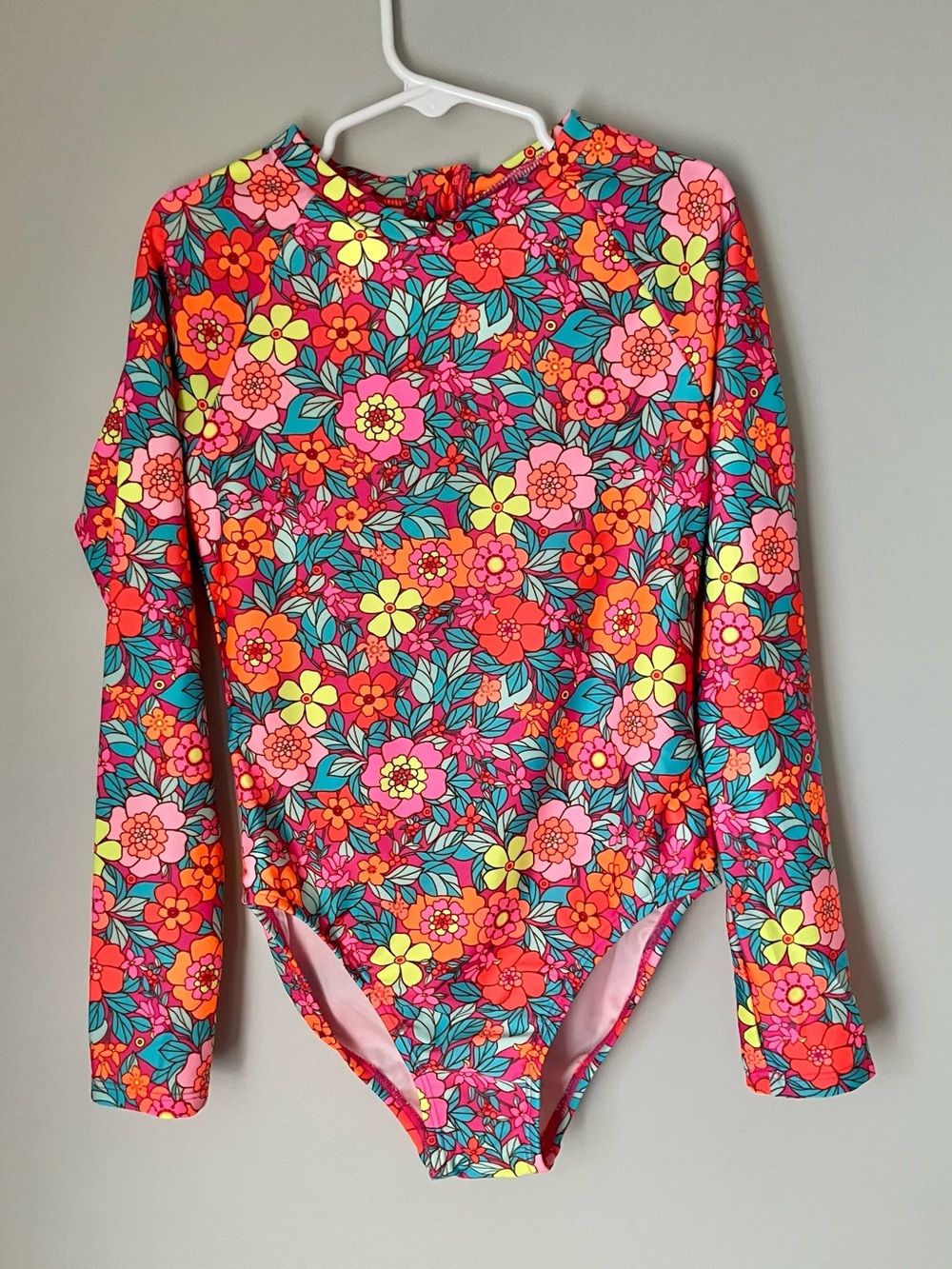New Girls Floral Long-Sleeve Rash Guard Swimsuit - Pink/Coral